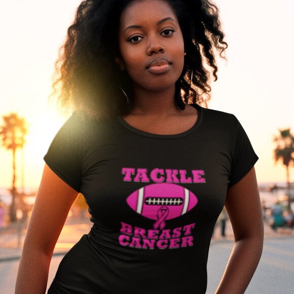 New “Tackle Breast Cancer”, Breast Cancer Awareness, Black Graphic Tee Apparel. - Picture 1 of 5